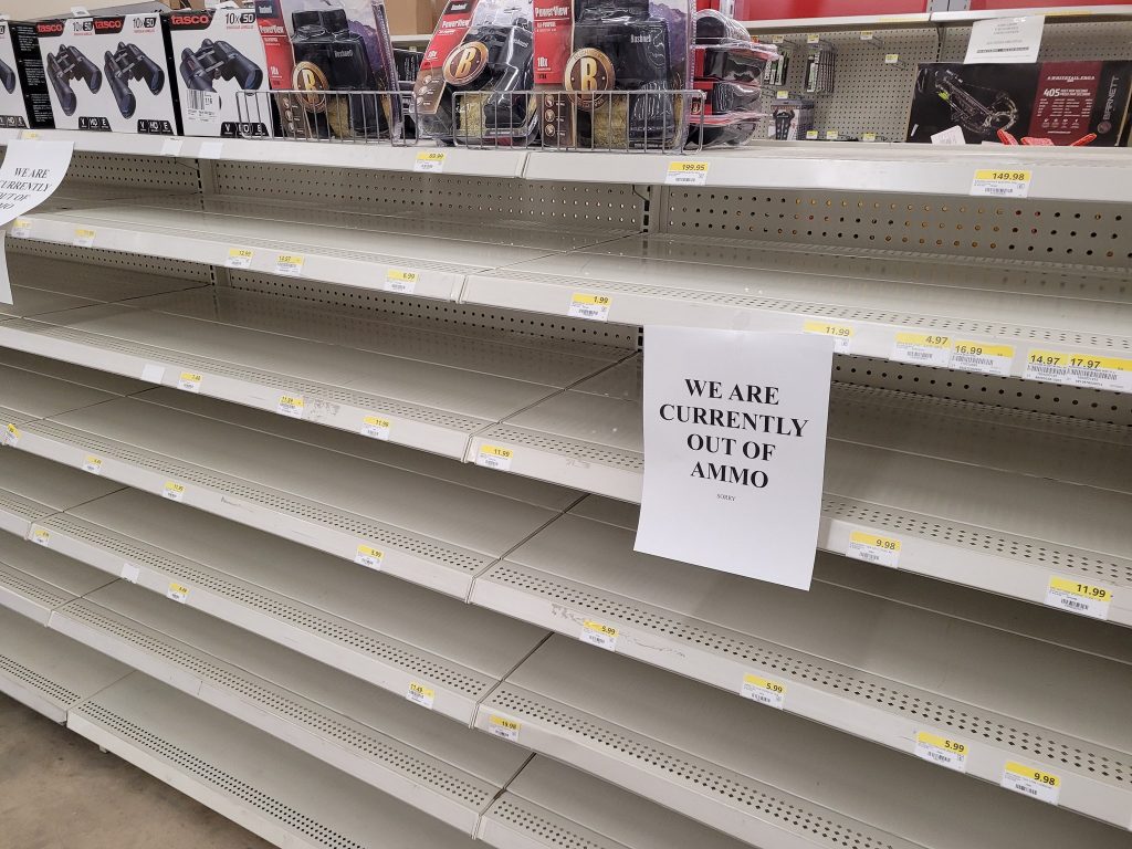 The increased demand for ammo has led to a shortage in supply. Ammo shelves at many gun stores are empty due to panic buying.