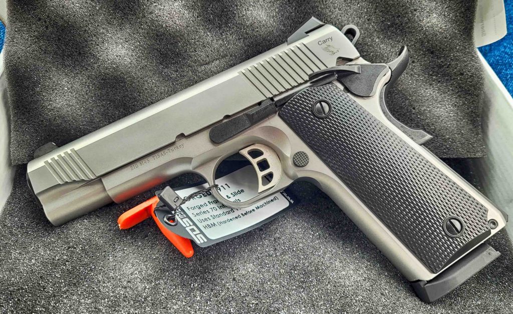 This Tisas 1911 pistol chambered in 45acp is an all stainless steel 1911. The 1911 pistol is a classic design from John Browning but often requires a break in period before the gun is at its most reliability.