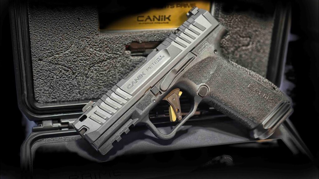Canik Mete MC9 Prime micro-compact pistol with 17+1 capacity, ported barrel, and optic-ready slide on range background for 2025 review