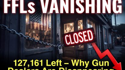 Closed gun store with chains and 'CLOSED' sign. Text: 'FFLs VANISHING – 127,161 Left. Why Gun Dealers Are Disappearing' with red downward arrow.