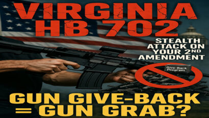 Pro-2A thumbnail showing strong hands gripping a black AR-15 rifle in front of an American flag and Virginia state capitol. Bold red text reads 'VIRGINIA HB 702' at the top with 'STEALTH ATTACK ON YOUR 2ND AMENDMENT' on the right. A red prohibition symbol covers a pile of destroyed guns labeled 'Give-Back Program'. Large yellow text at the bottom states 'GUN GIVE-BACK = GUN GRAB?' – highlighting the threat of Virginia House Bill 702 to Second Amendment rights.