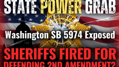 Shattered sheriff's badge over American flag and Washington Capitol. Text: 'STATE POWER GRAB - Washington SB 5974 Exposed - SHERIFFS FIRED FOR DEFENDING 2ND AMENDMENT?' Dramatic thumbnail exposing threats to constitutional rights