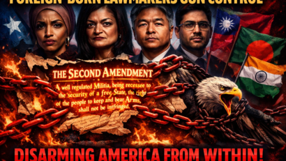 Foreign-born lawmakers gun control thumbnail showing the torn U.S. Constitution being crushed by red chains, with portraits of Ilhan Omar, Pramila Jayapal, Ted Lieu, and Saddam Azlan Salim looming in the background as a chained American eagle struggles against flags from Somalia, India, Taiwan, and Bangladesh. Bold text reads: FOREIGN-BORN LAWMAKERS GUN CONTROL - DISARMING AMERICA FROM WITHIN!