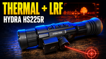 DNT Optics Hydra HS225R thermal scope with bold “THERMAL + LRF” text, a thermal targeting display, and laser rangefinder graphics.