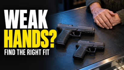 Two differently sized handguns on a counter beside an older adult’s resting hands, with text reading “Weak Hands? Find the Right Fit.