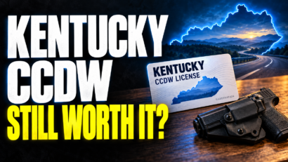 Kentucky outline, illustrated CCDW license, and holstered handgun beside a highway scene, with text reading “Kentucky CCDW: Still Worth It?”